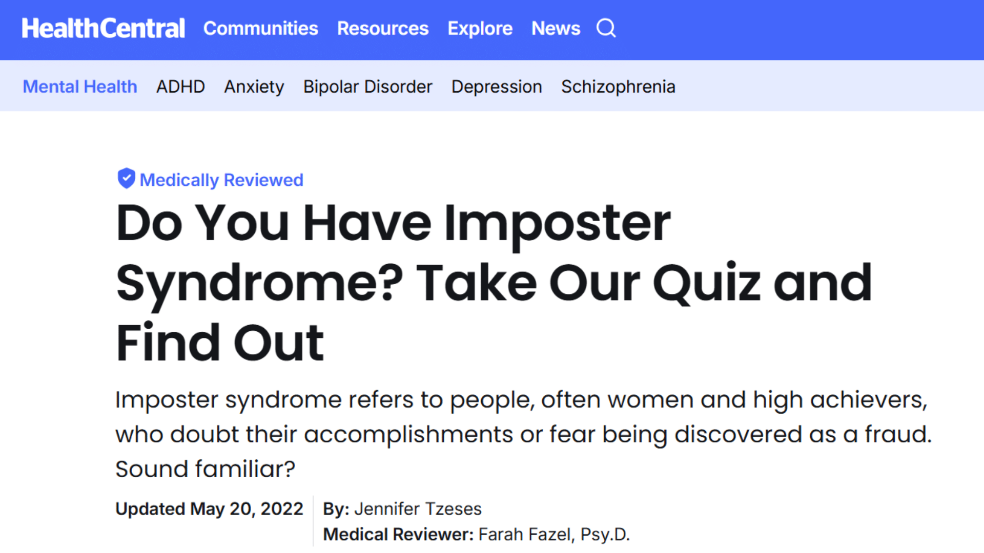 healthcentral website showing an imposter syndrome quiz article next to a telepathic abilities nebula advertisement