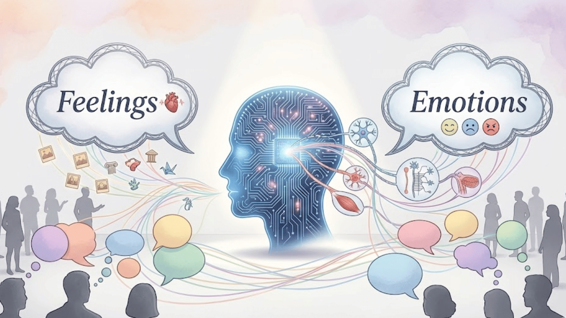 illustration of a digital brain linking feelings and emotions with colorful speech bubbles and groups of people