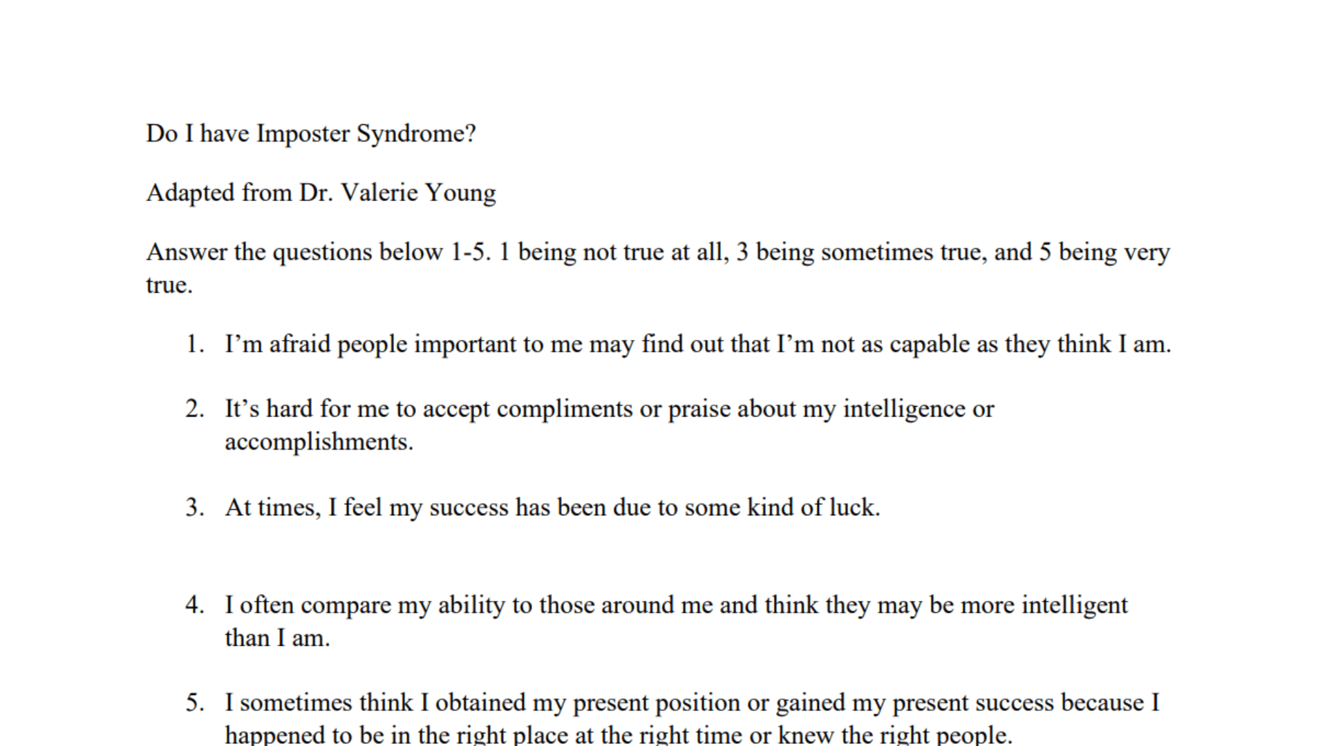 imposter syndrome document showing five quiz questions adapted from dr valerie young with rating instructions from one to five