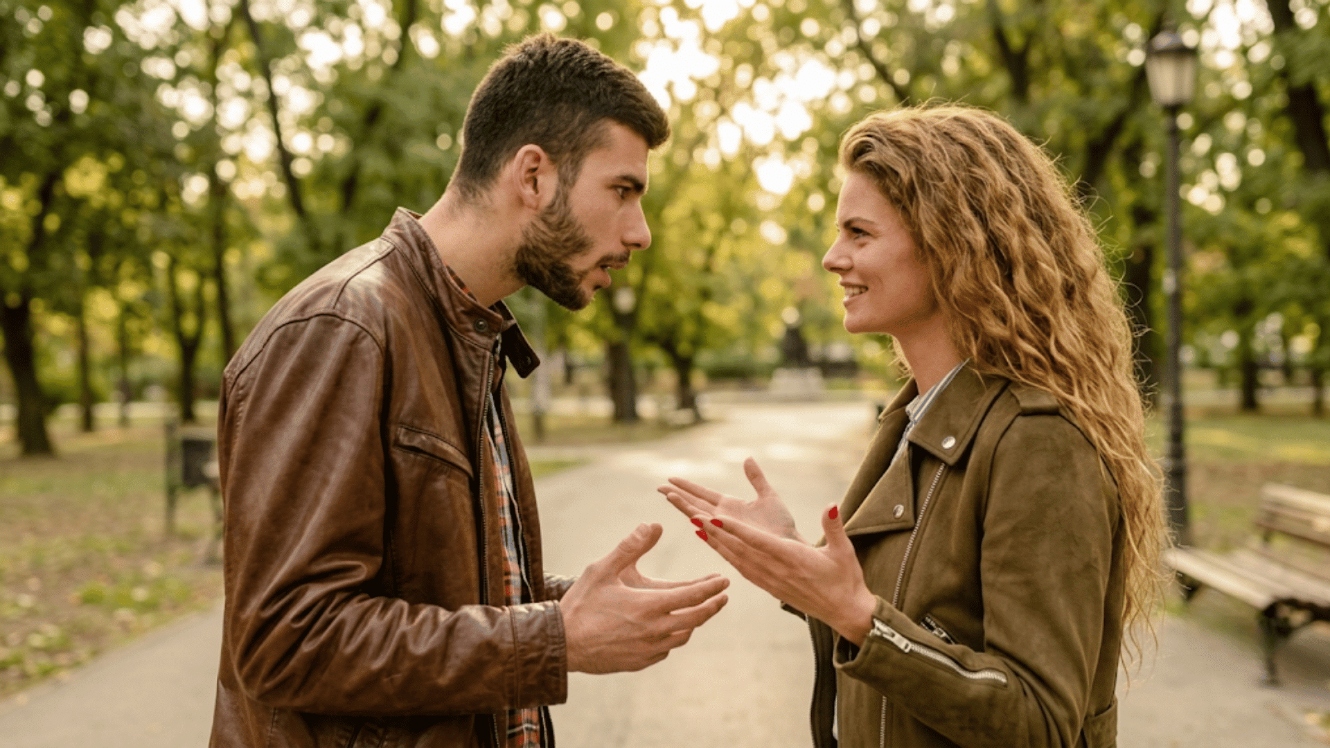 man and woman having a tense conversation in a park while facing each other with expressive hand gestures