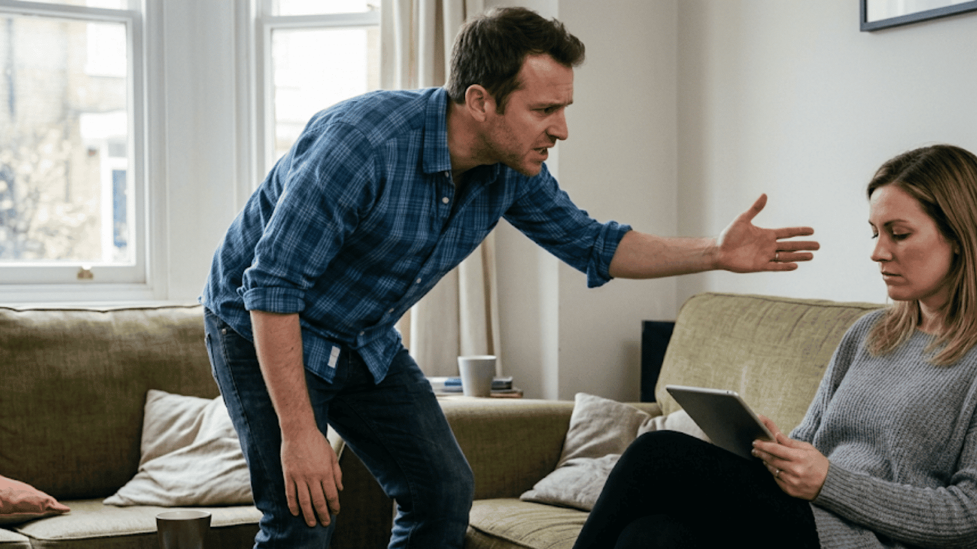 man gesturing angrily toward a woman using a tablet while she sits quietly on a sofa in a tense living room setting