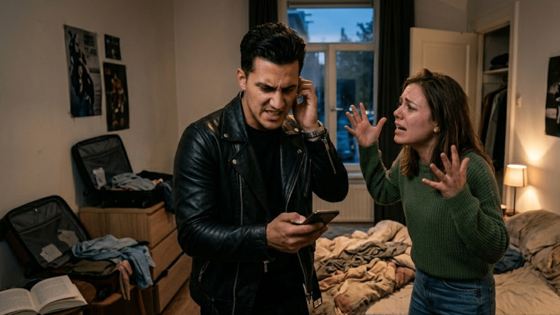 man looking at a phone while woman gestures in frustration during a tense argument inside a cluttered bedroom