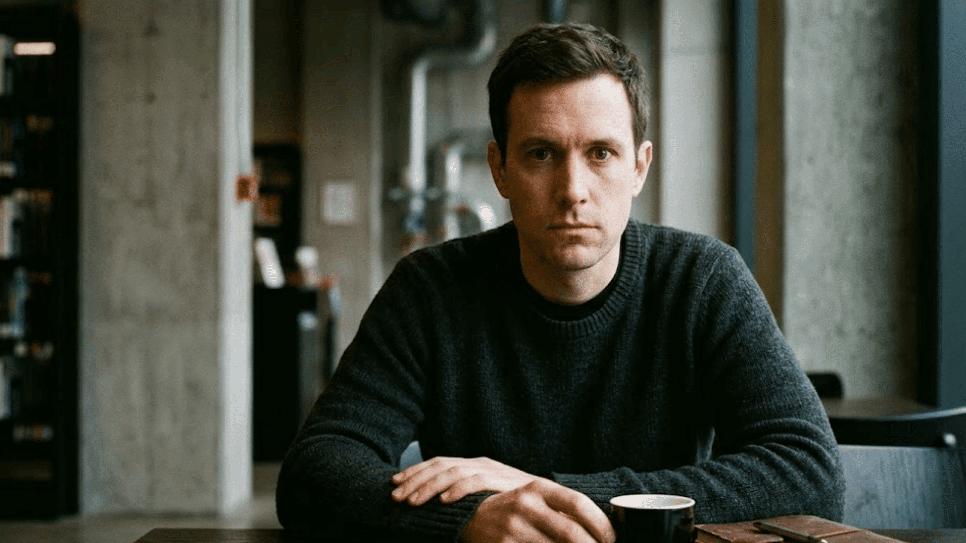 man sitting at a table in a modern industrial room with a notebook and coffee cup looking toward the camera