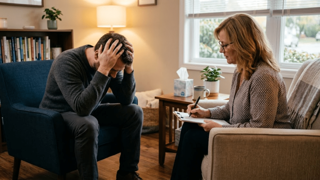 man sitting with hands on his head during a counseling session while a therapist listens and takes notes (1)