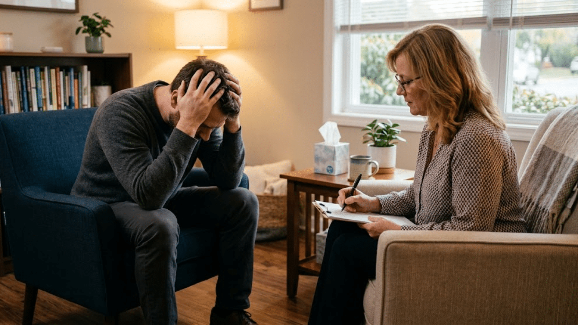 man sitting with hands on his head during a counseling session while a therapist listens and takes notes (1)