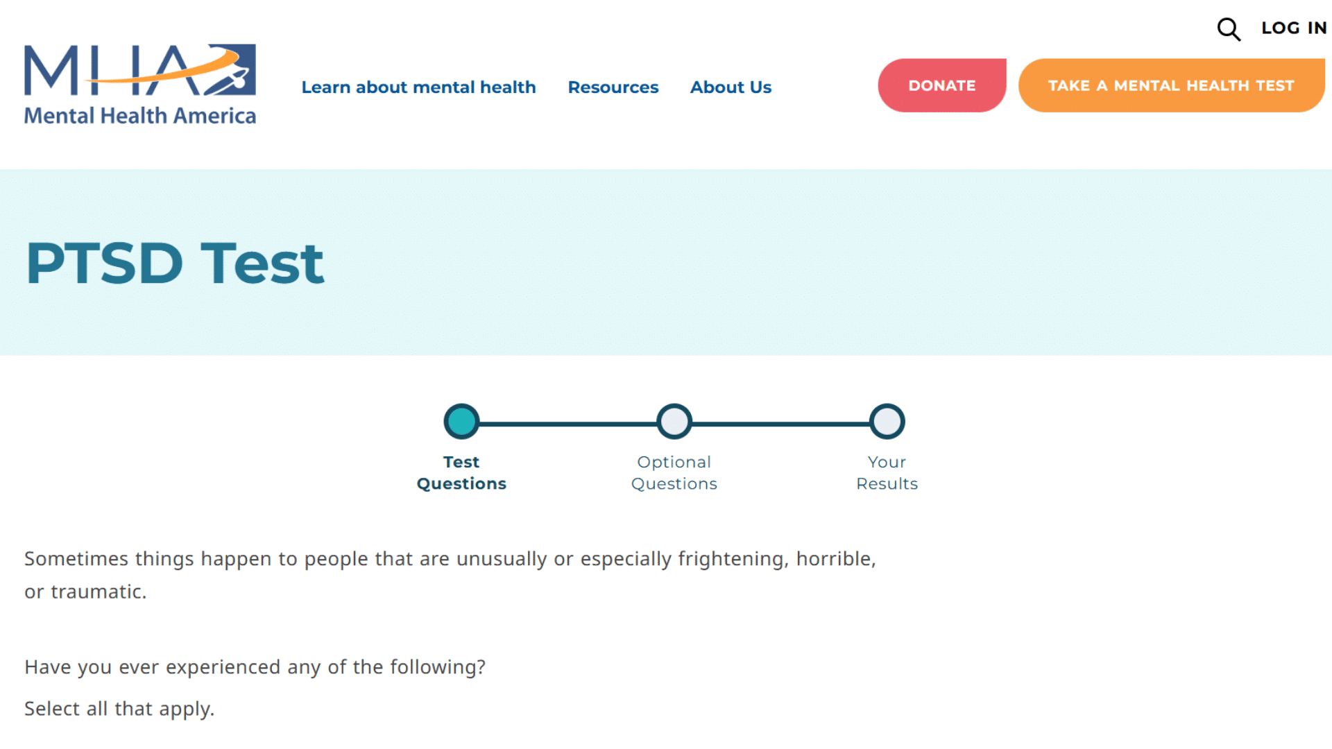 mental health america ptsd test page showing progress steps and test questions