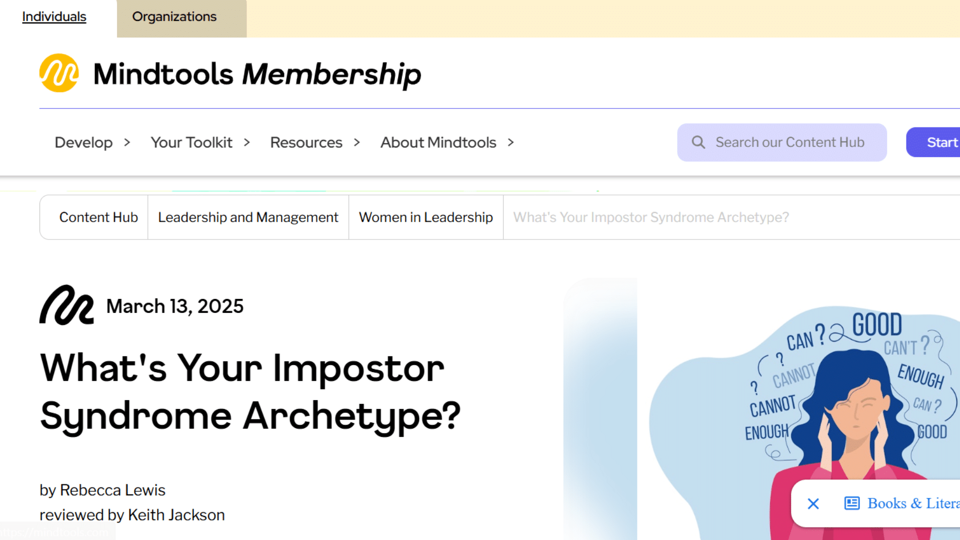 mindtools website featuring an impostor syndrome archetype article alongside a vector illustration of an anxious woman
