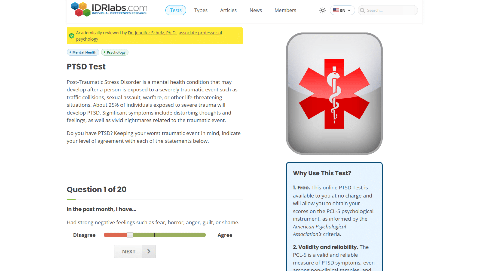 online ptsd assessment page showing symptom questions and response scale