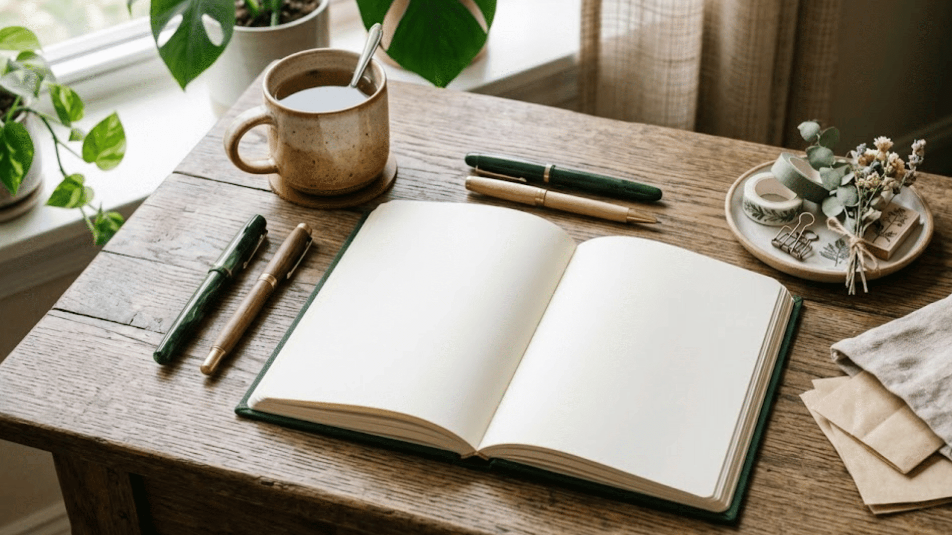 open blank journal on a wooden table surrounded by pens a coffee mug plants and stationery near a window