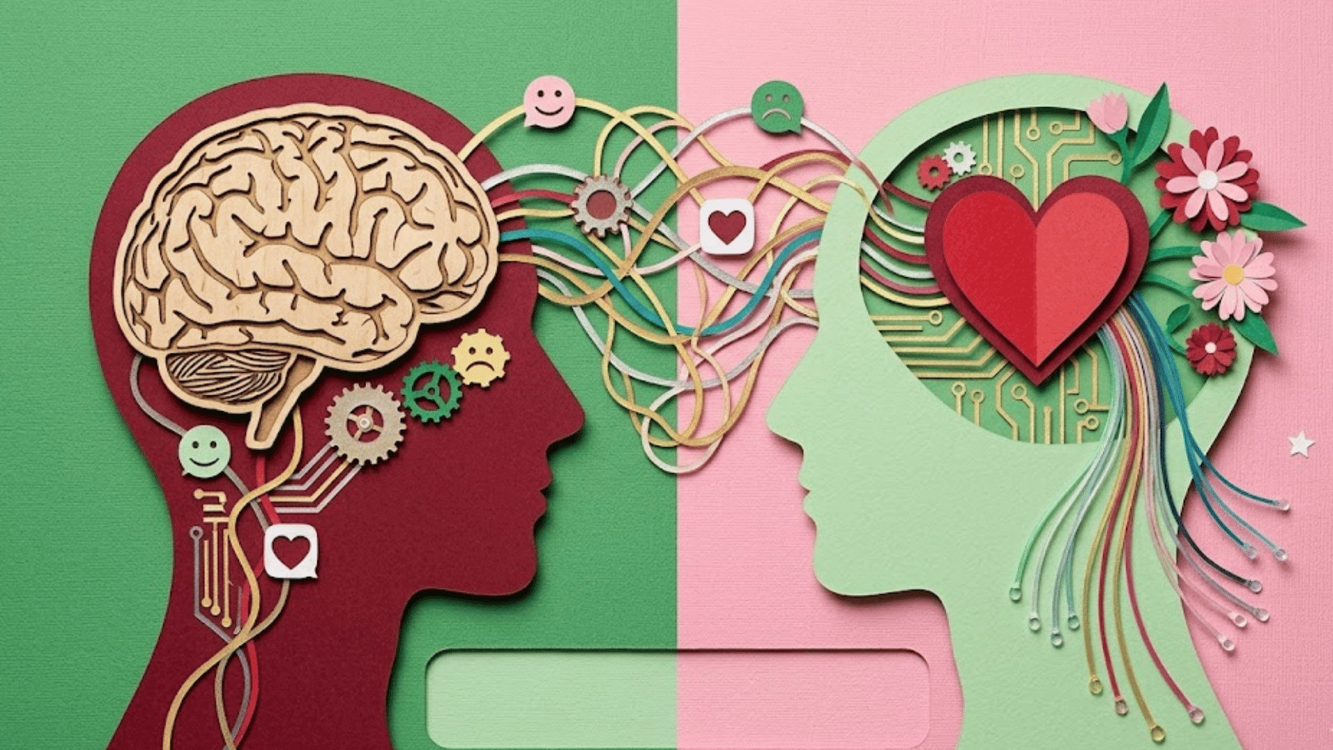 paper cut illustration of two human profiles showing brain and heart connected by colorful pathways symbols and flowers