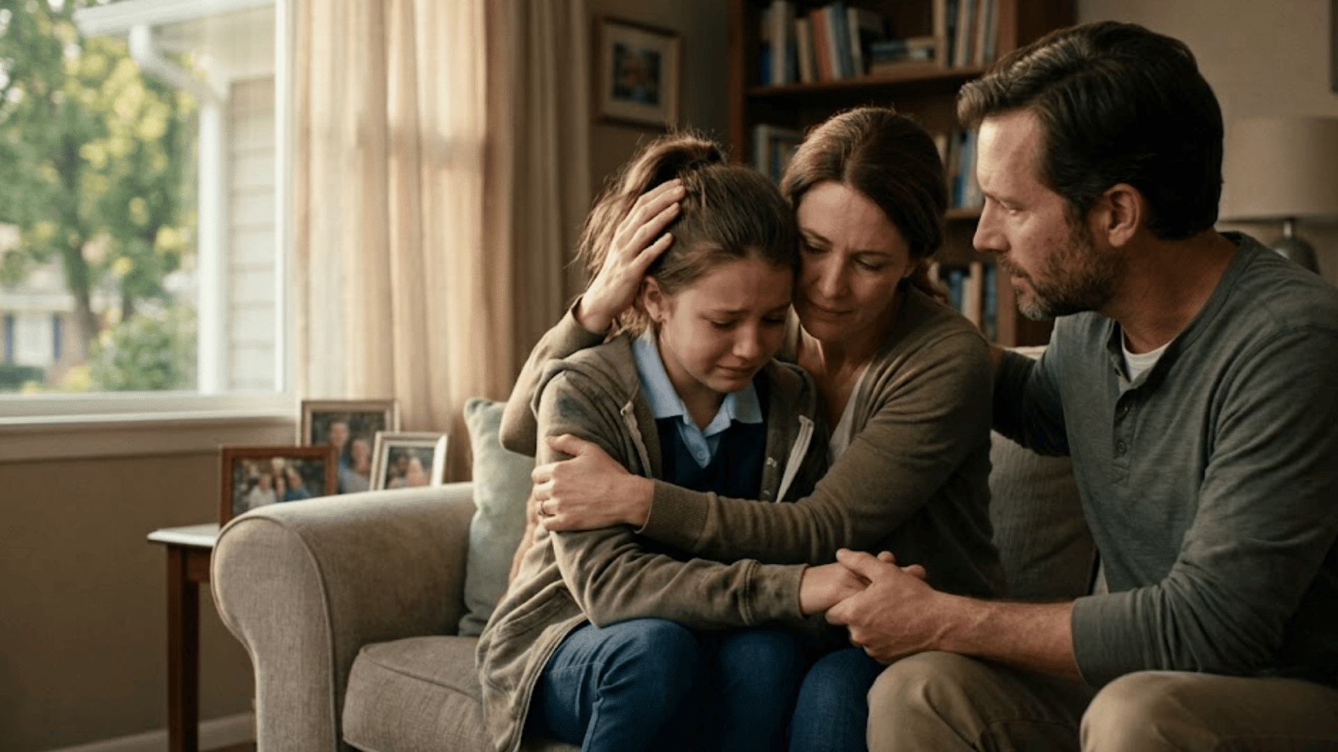 parents comfort their crying daughter while sitting together on a living room sofa offering support and reassurance