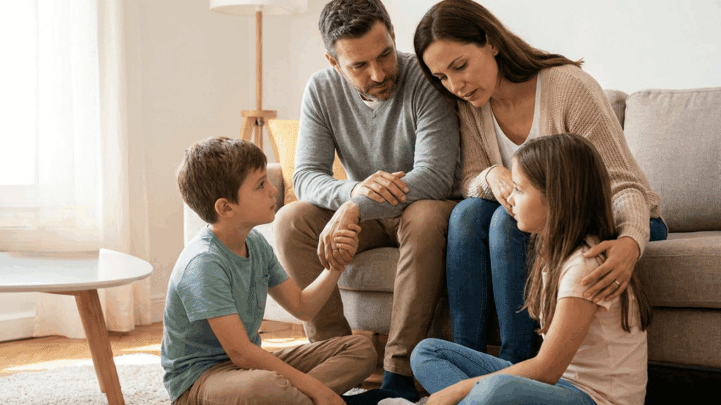 parents sitting on a sofa comfort two children during a serious family conversation in a bright living room (1)