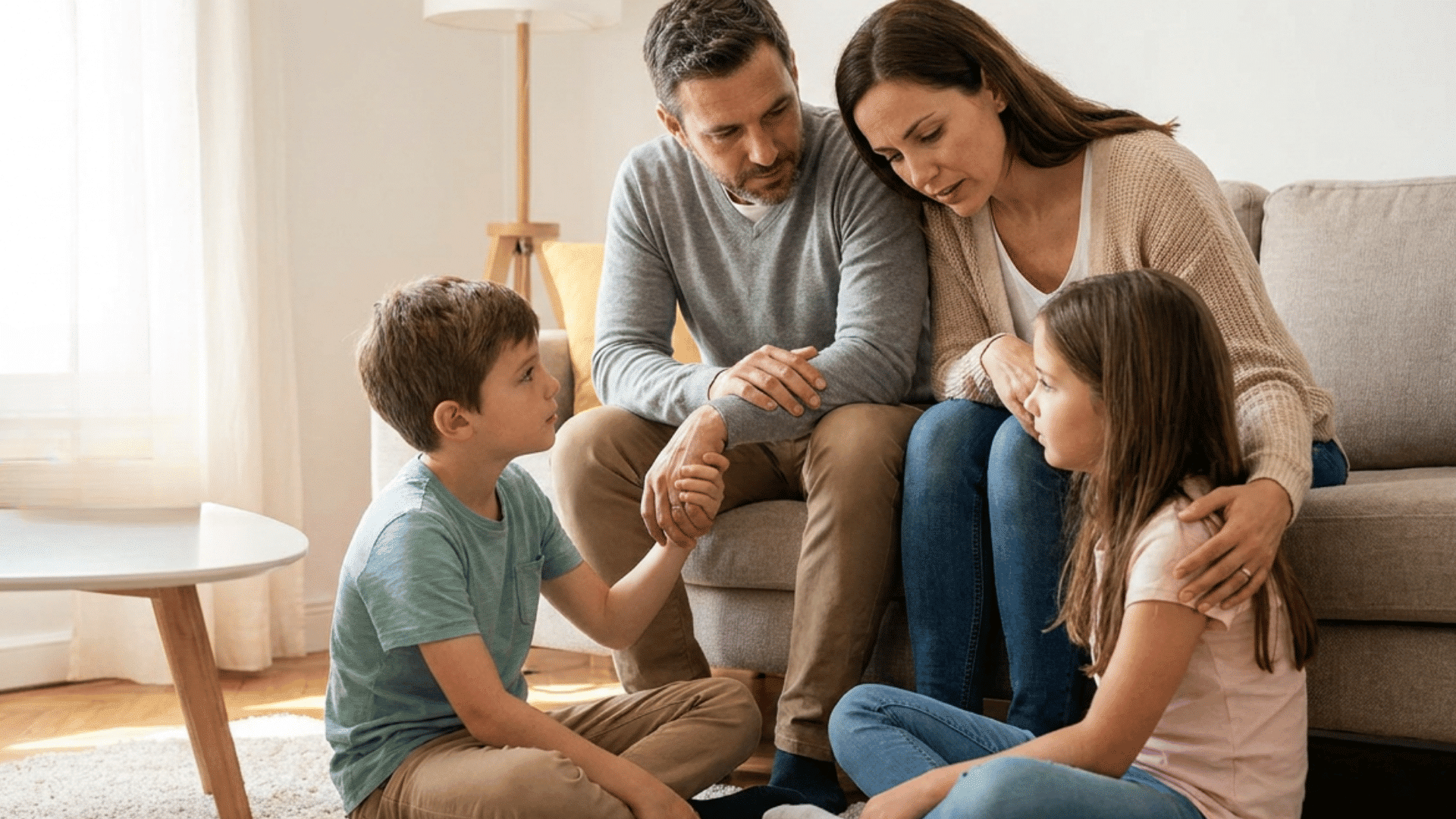 parents sitting on a sofa comfort two children during a serious family conversation in a bright living room (1)