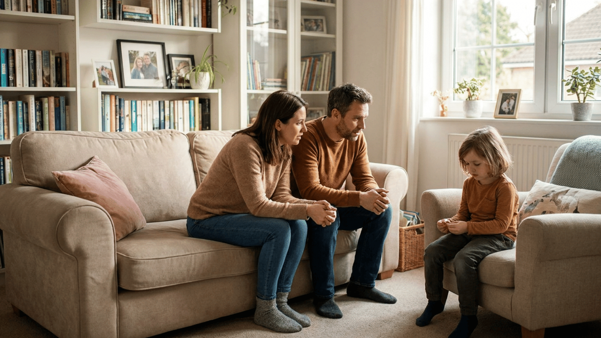 parents sitting on a sofa talking gently with a young child seated in a chair in a cozy living room filled with books and light