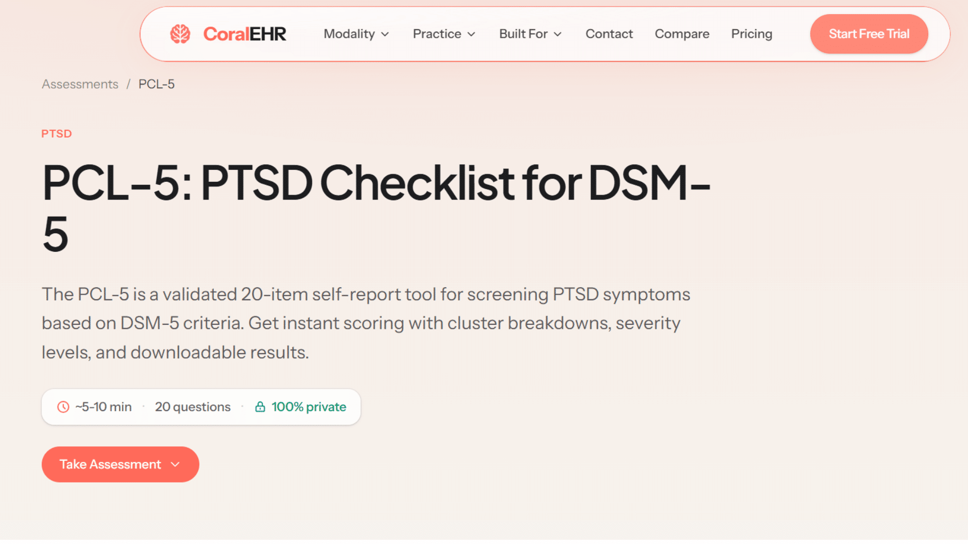 pcl 5 ptsd checklist page with assessment details and take assessment button
