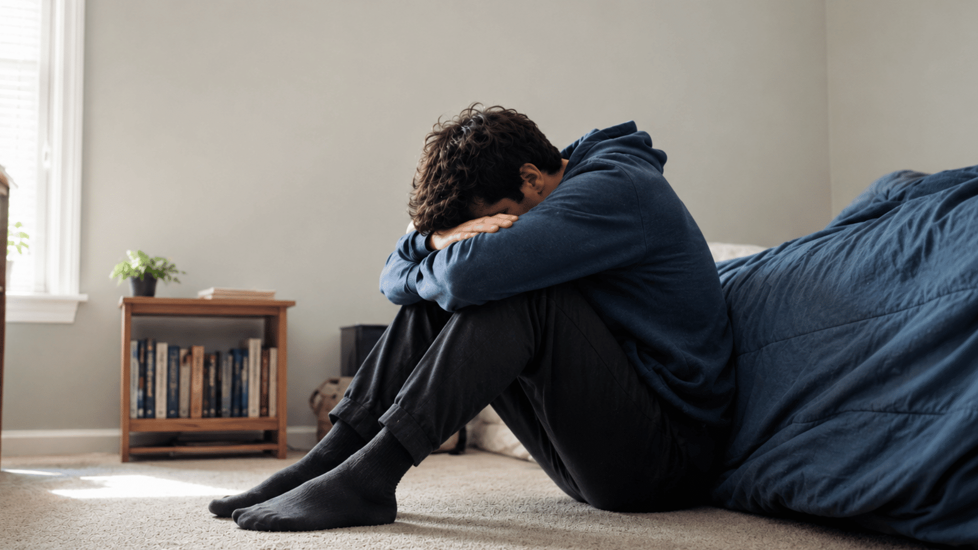 person in a blue hoodie sitting on bedroom floor with head resting on arms beside a bed in daylight