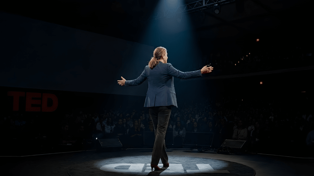 person standing on a ted stage with arms outstretched under spotlight while addressing a large audience in a dark auditorium