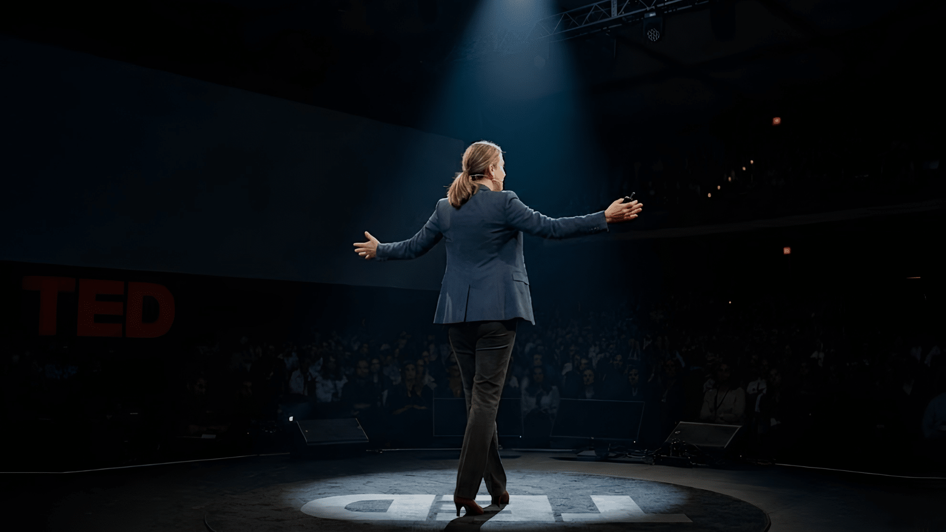 person standing on a ted stage with arms outstretched under spotlight while addressing a large audience in a dark auditorium
