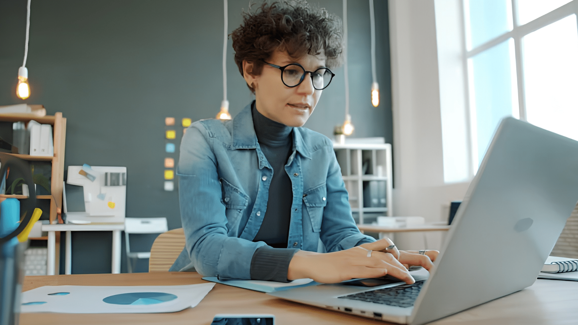 person with curly hair working on a laptop in a modern office workspace