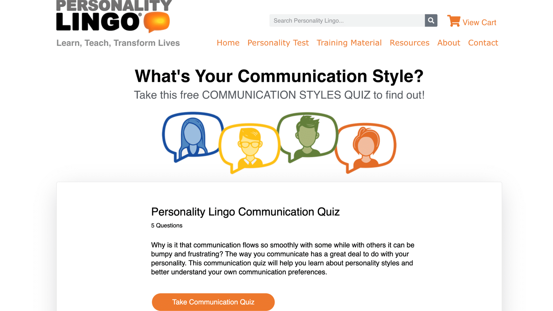 personality lingo webpage promoting a communication style quiz with illustrated profile icons and a start button