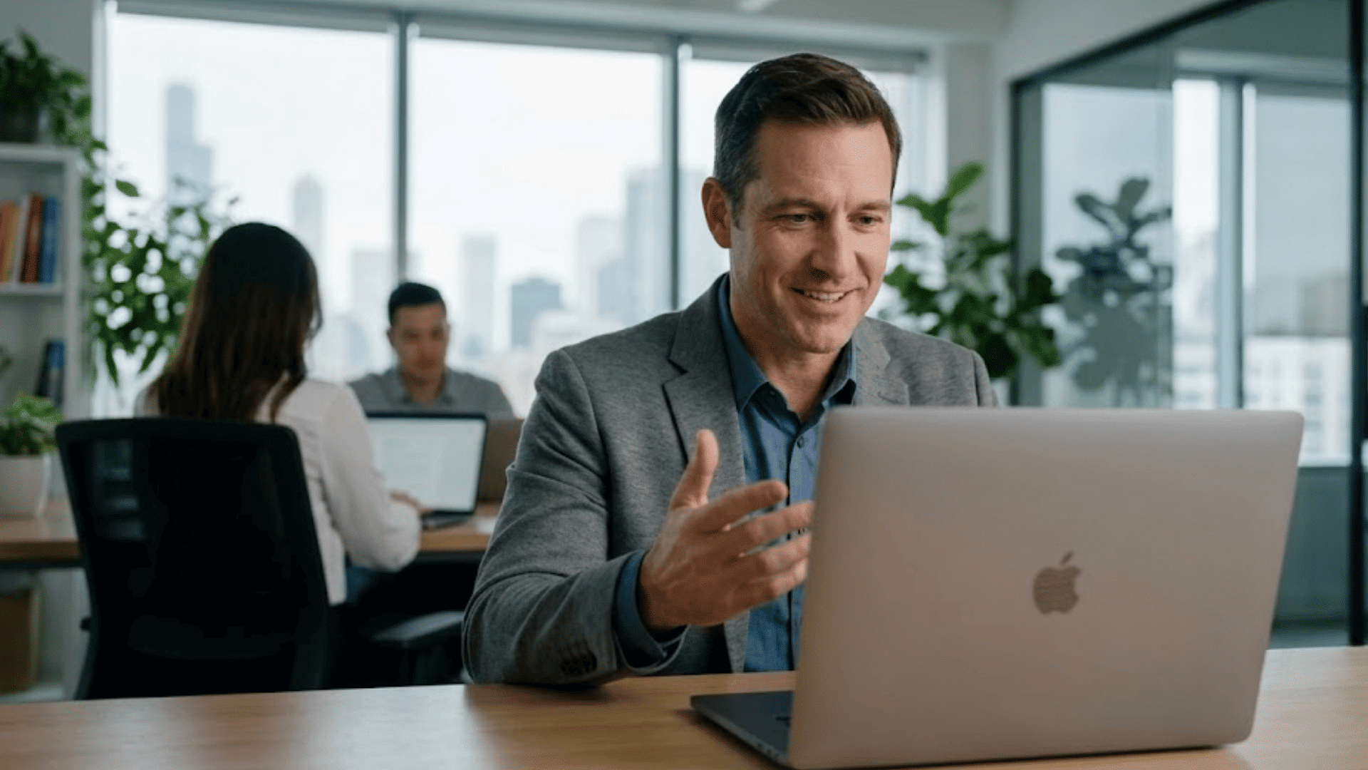 professional speaking during a video meeting on a laptop in a modern office while coworkers work nearby