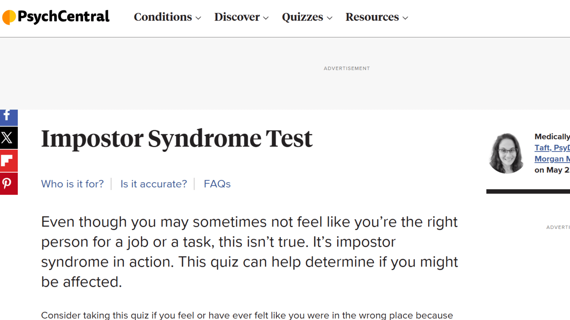 psychcentral website showing an impostor syndrome test webpage featuring a profile picture of reviewer tiffany taft