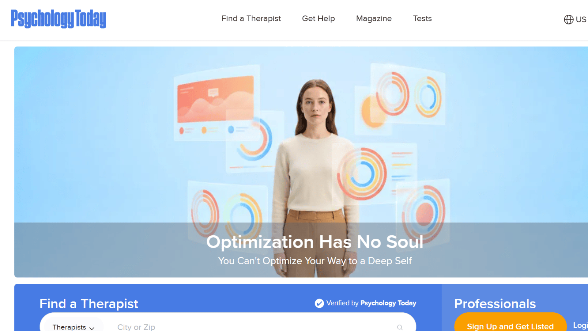 psychology today homepage with therapist search and a feature banner about optimization