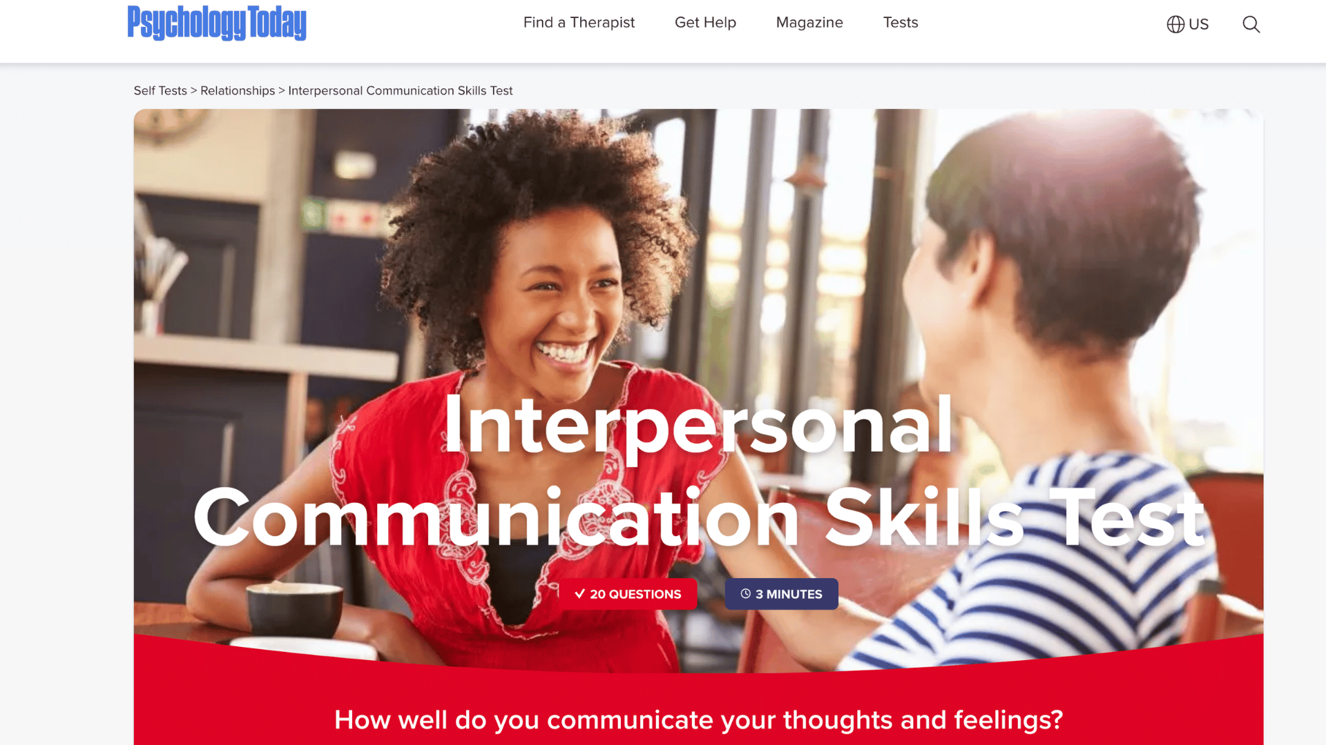 psychology today webpage featuring an interpersonal communication skills test with a photo of two people talking