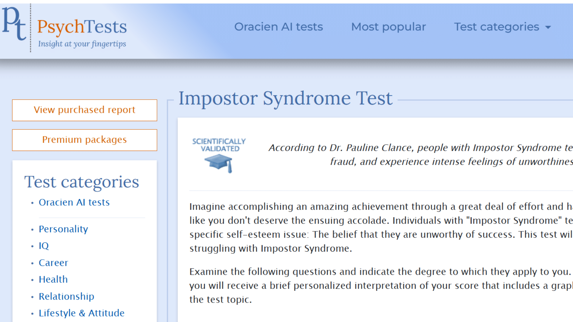psychtests website homepage displaying an impostor syndrome test description referencing dr pauline clance