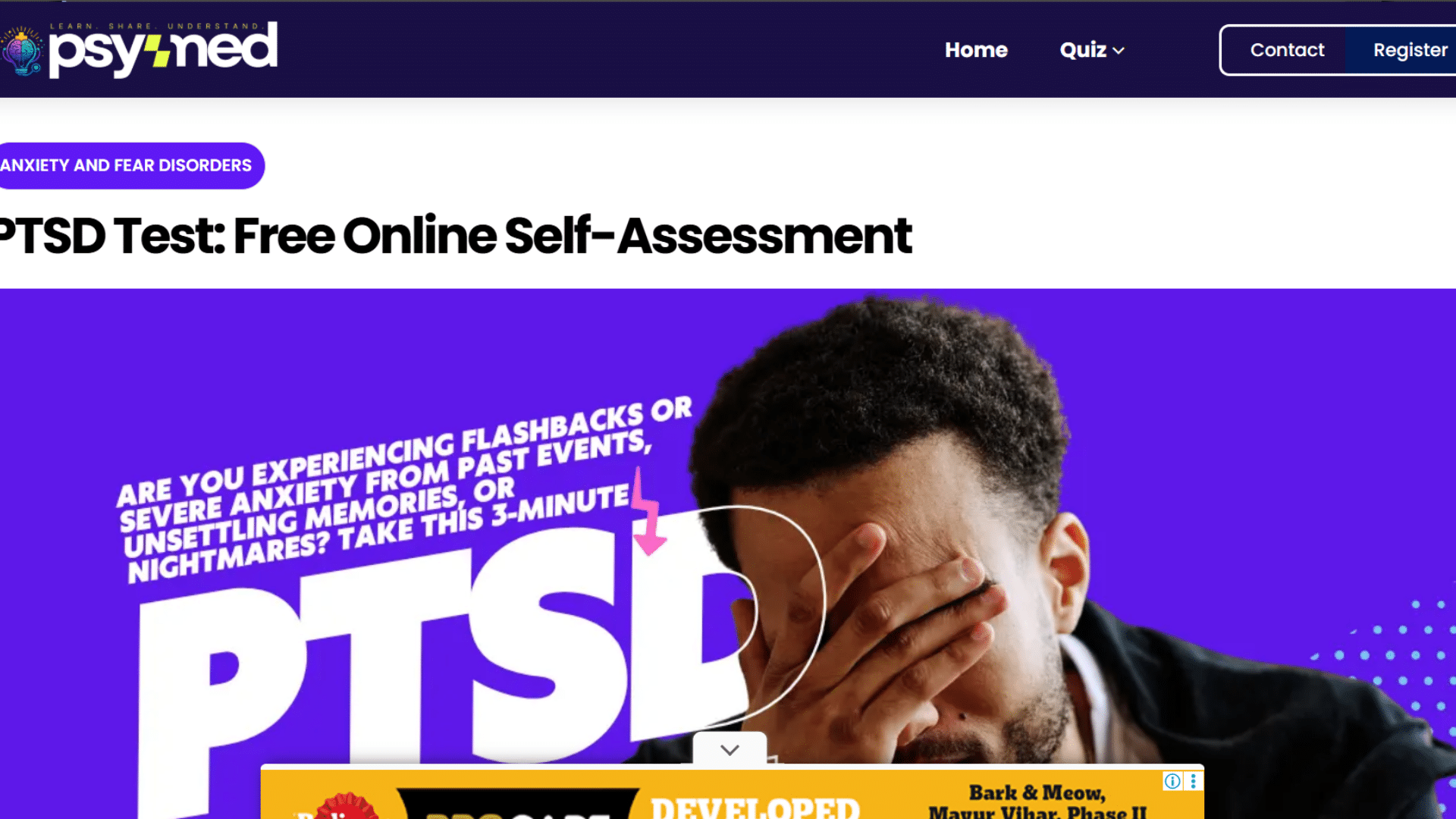 psymed ptsd test page with a self assessment article and purple header image