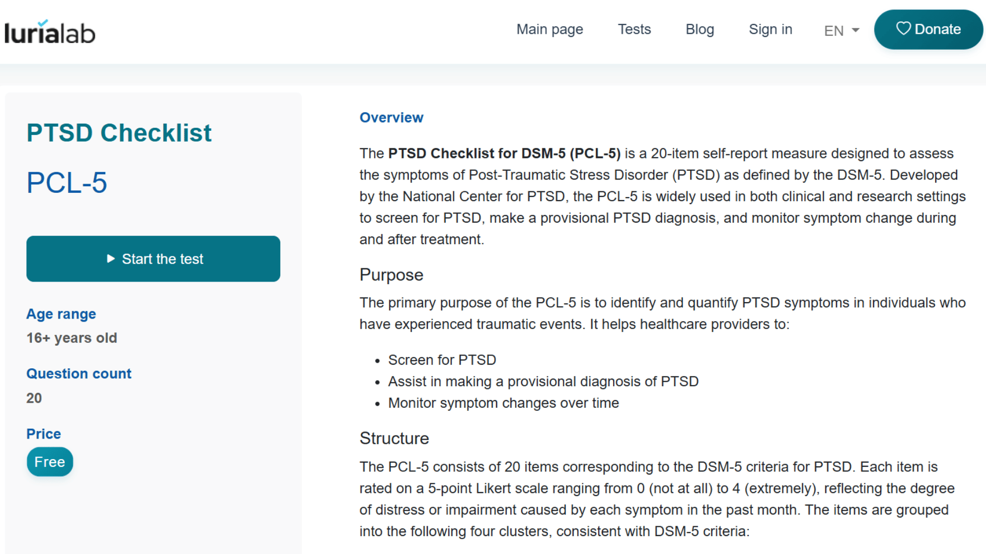 ptsd checklist webpage with test details age requirement and start test button