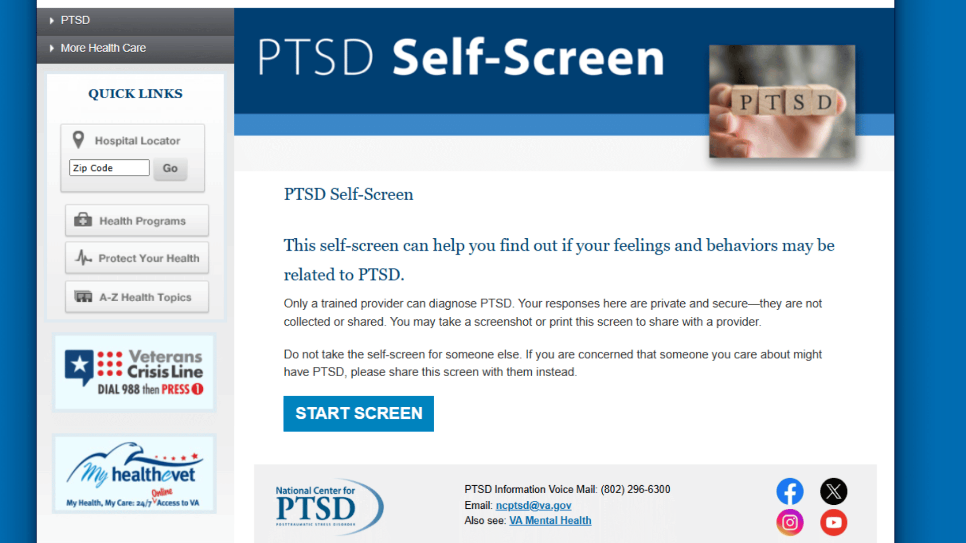 ptsd self screen webpage with information and start screen button