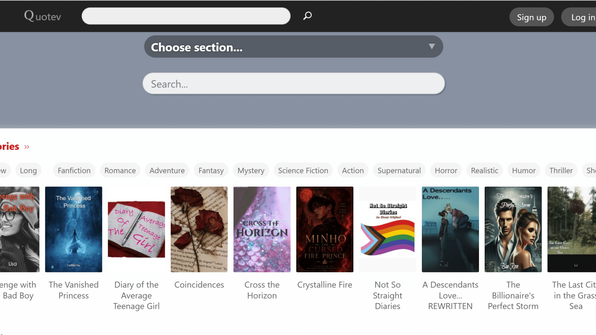 quotev website interface showing a list of trending stories with colorful book covers and genre tags