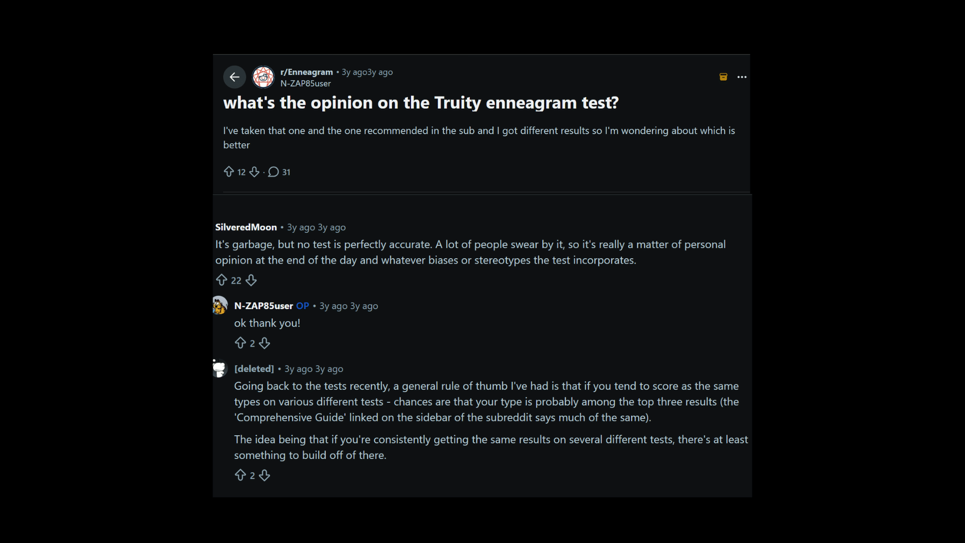 reddit comment thread discussing their opinion on truity enneagram