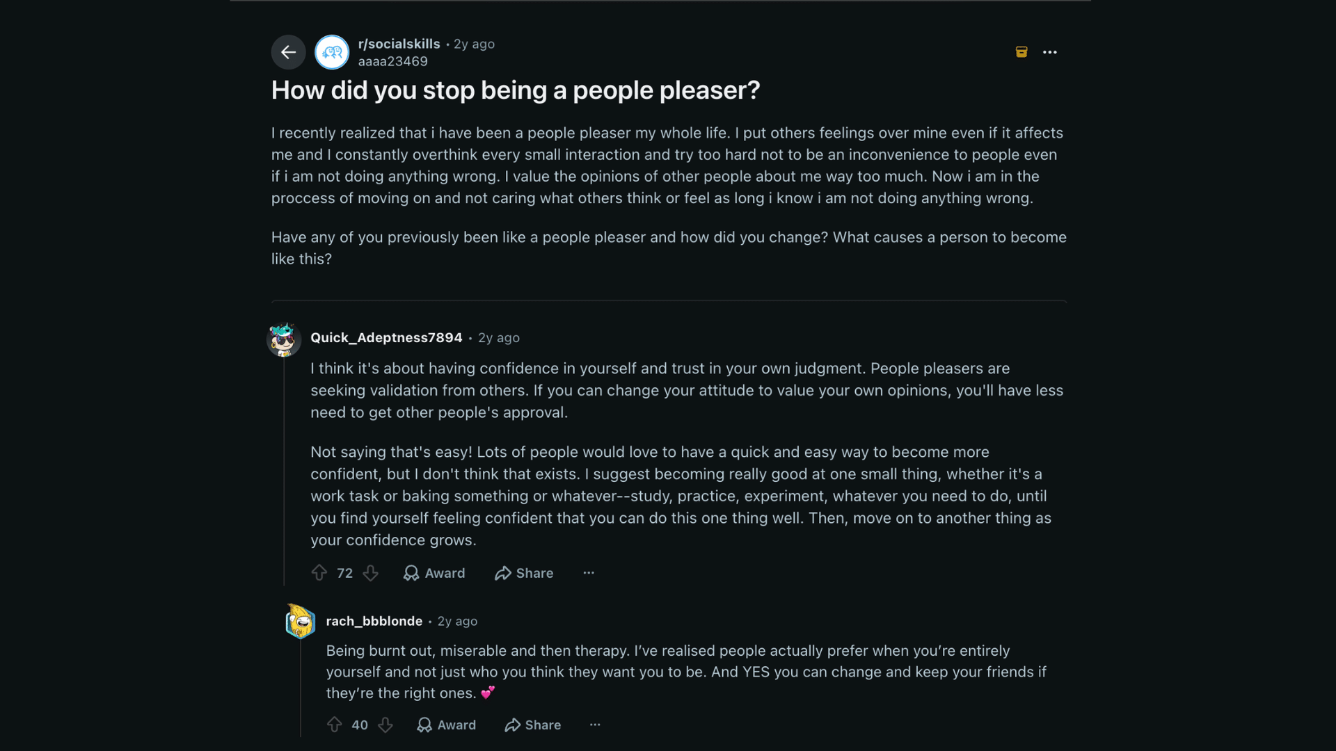 reddit discussion about personal opinions on people pleasing habits and learning to set healthy boundaries