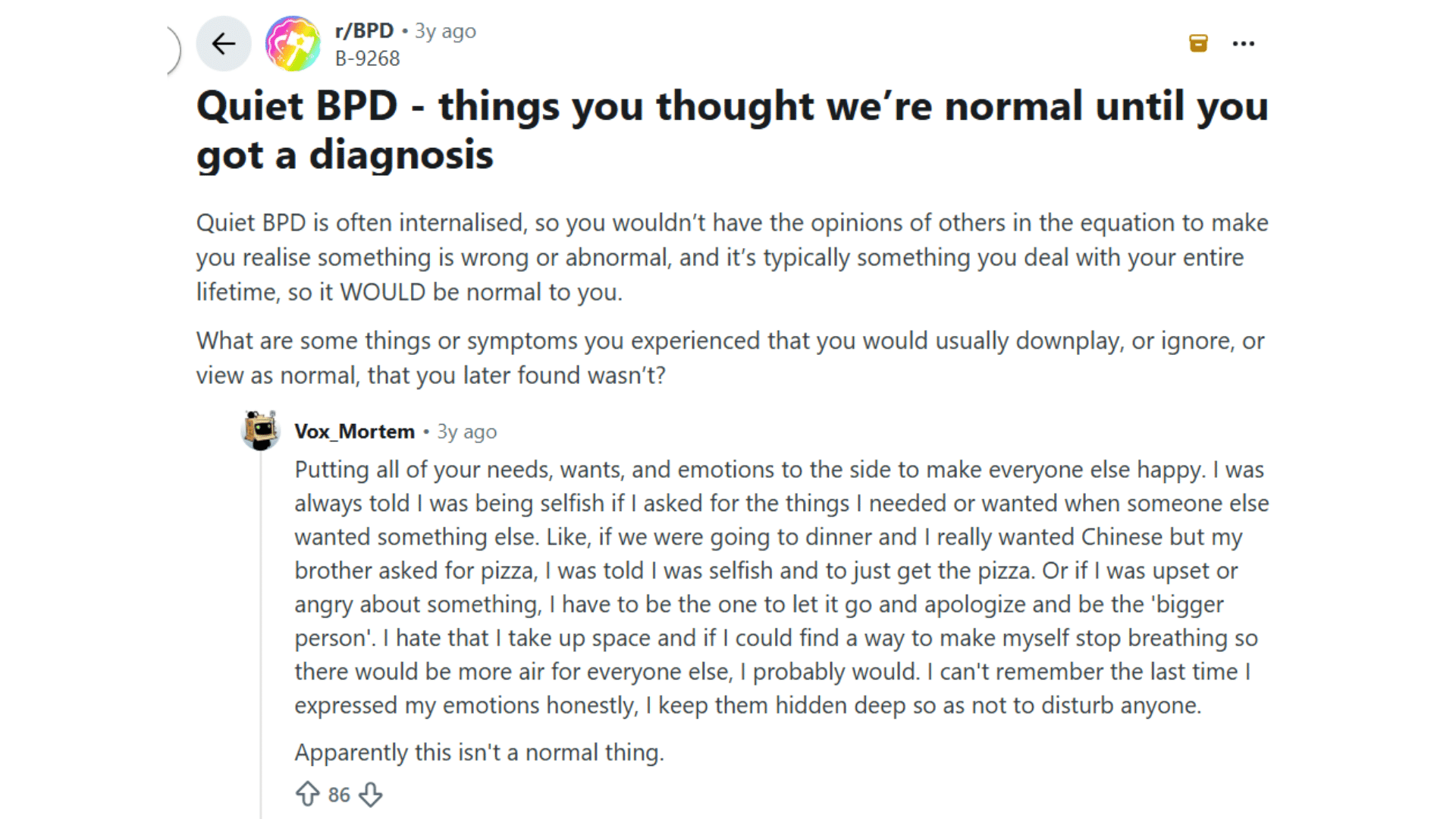 reddit discussion about quiet bpd