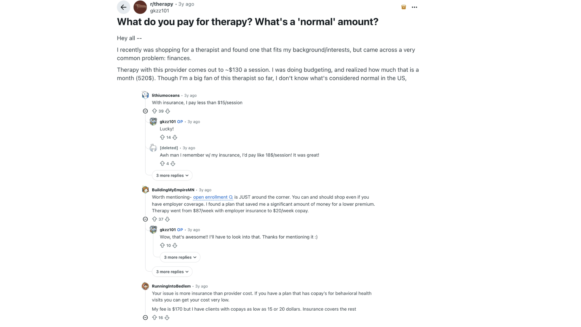 reddit discussion asking what people pay for therapy with comments comparing session costs and insurance copays