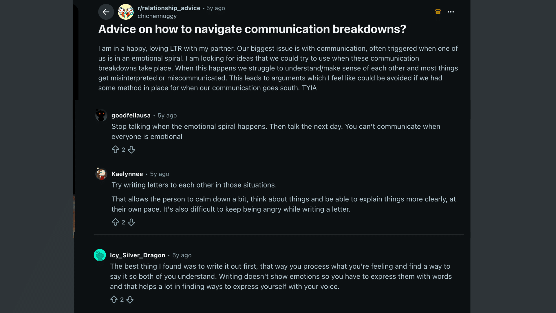 reddit discussion showing advice on handling communication breakdowns through calming down writing thoughts and improving mutual understanding