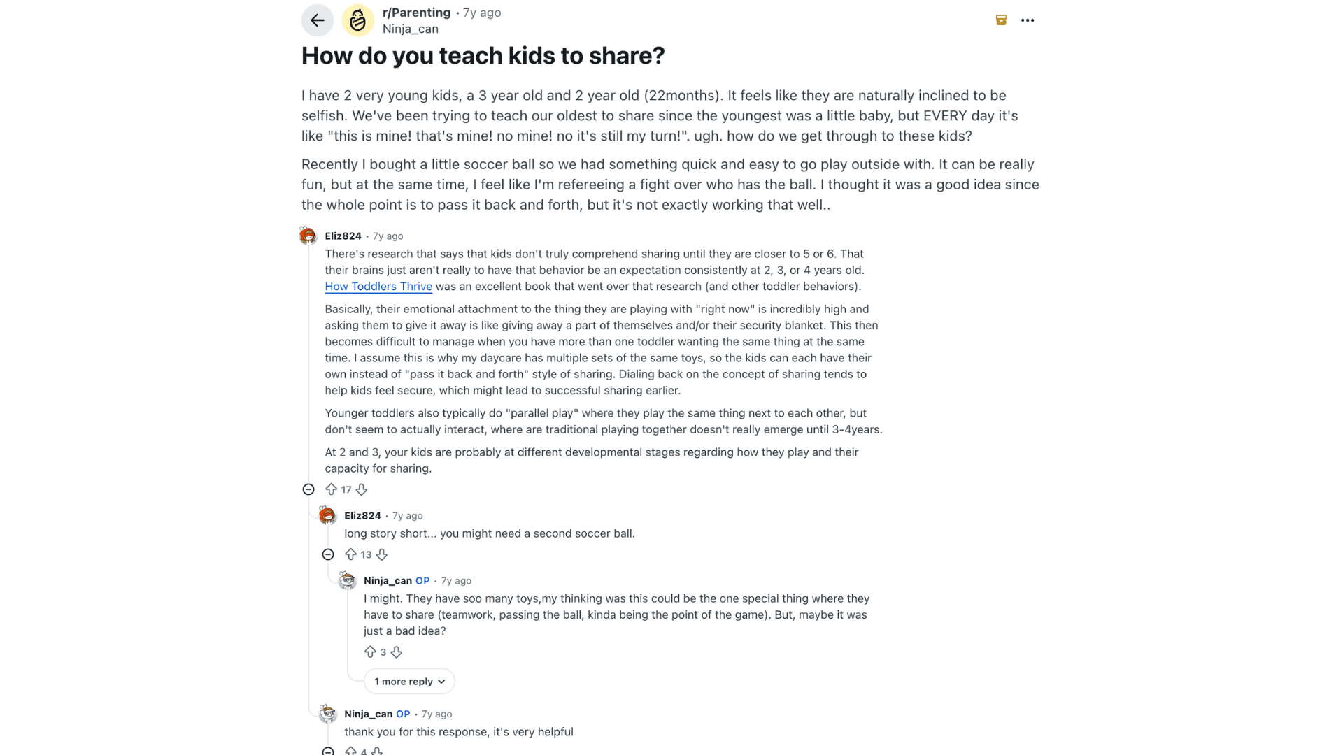 reddit parenting post asking how to teach young kids to share with replies explaining toddler development and sharing habits