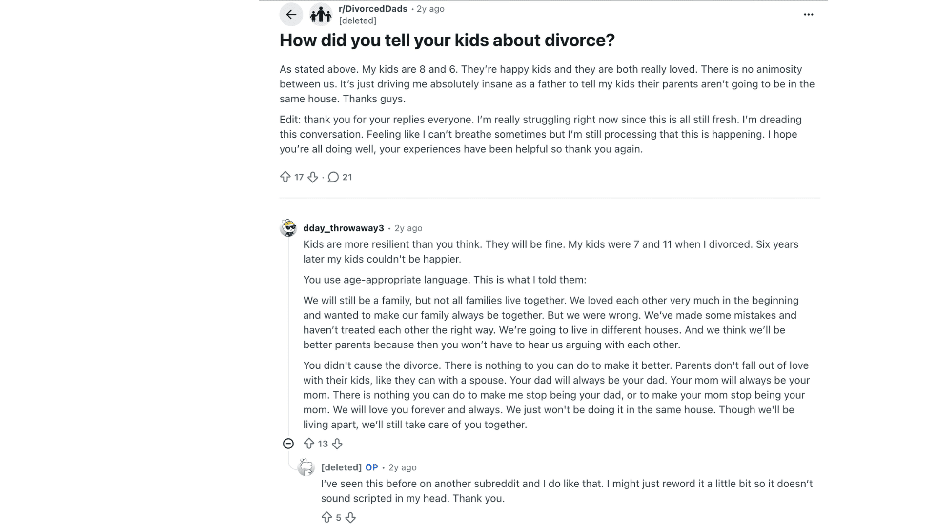 reddit post asking how to tell children about divorce with a supportive reply explaining parents still love their kids and remain a family