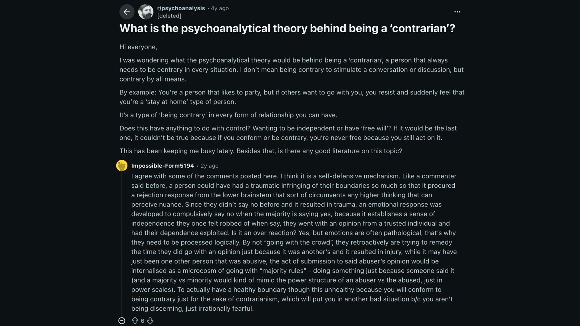 reddit post discussing psychoanalytic theory of contrarian behavior explaining trauma