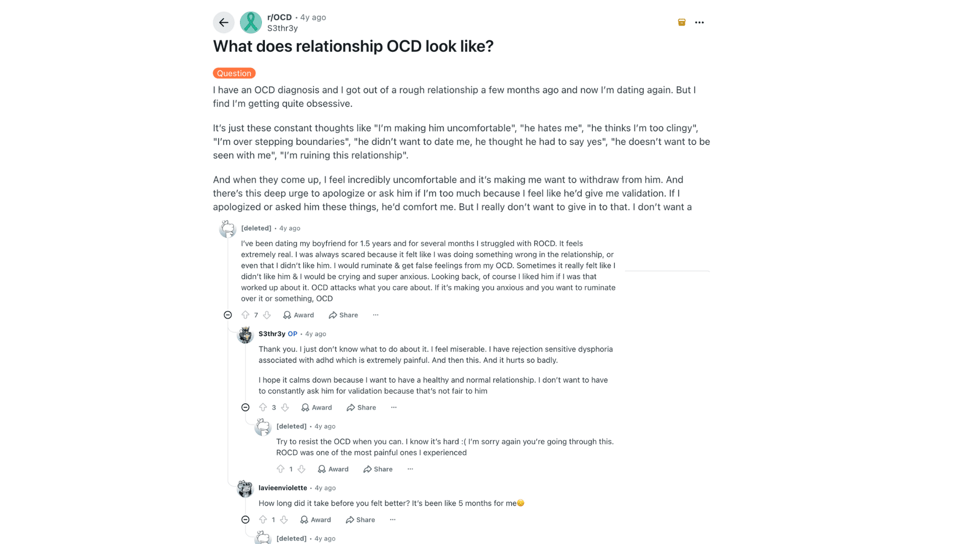 reddit post discussing relationship ocd with comments about obsessive thoughts dating anxiety and seeking validation from partner