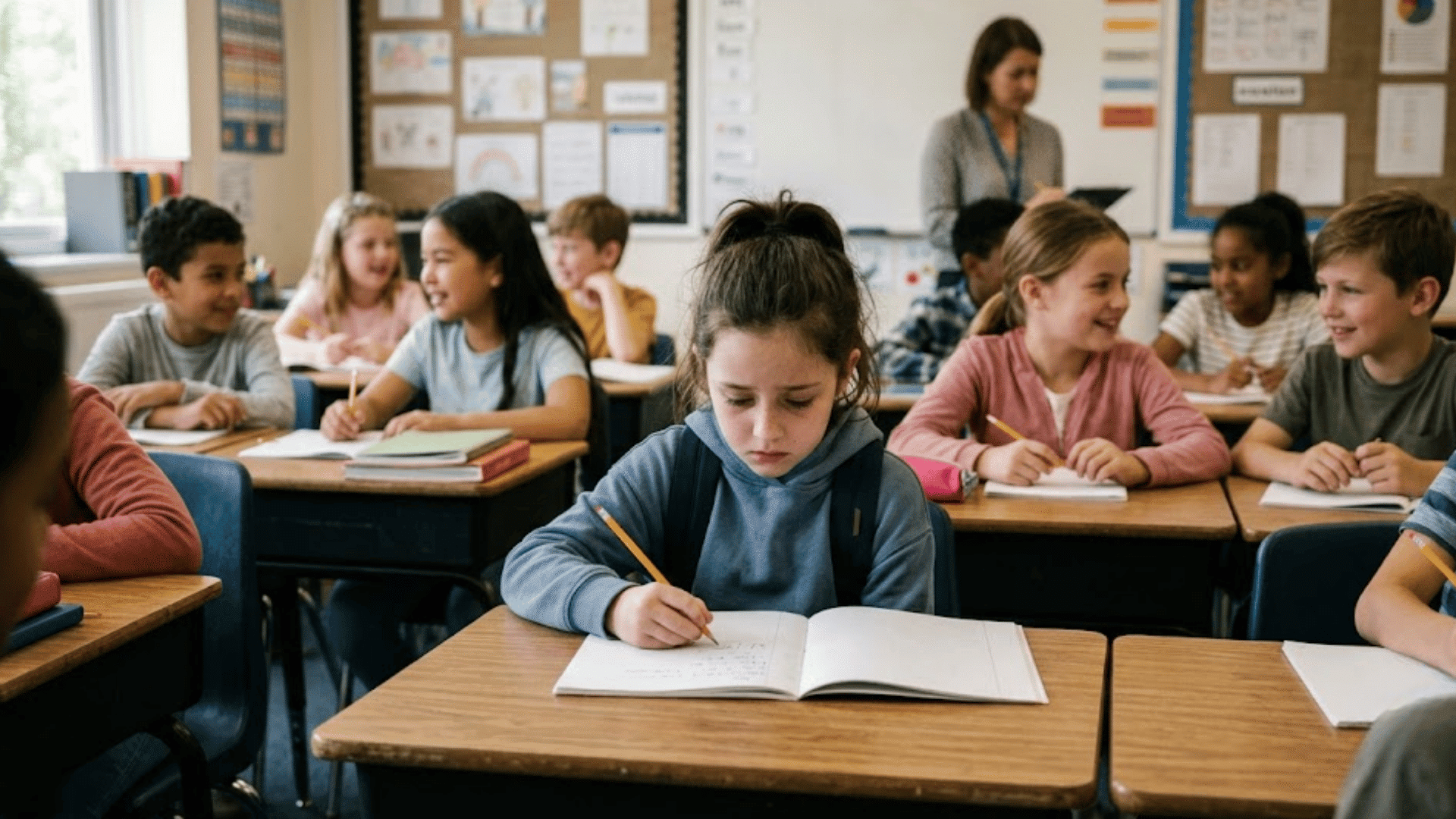 sad schoolgirl writes alone at her desk while classmates smile and chat around her in a classroom showing social isolation