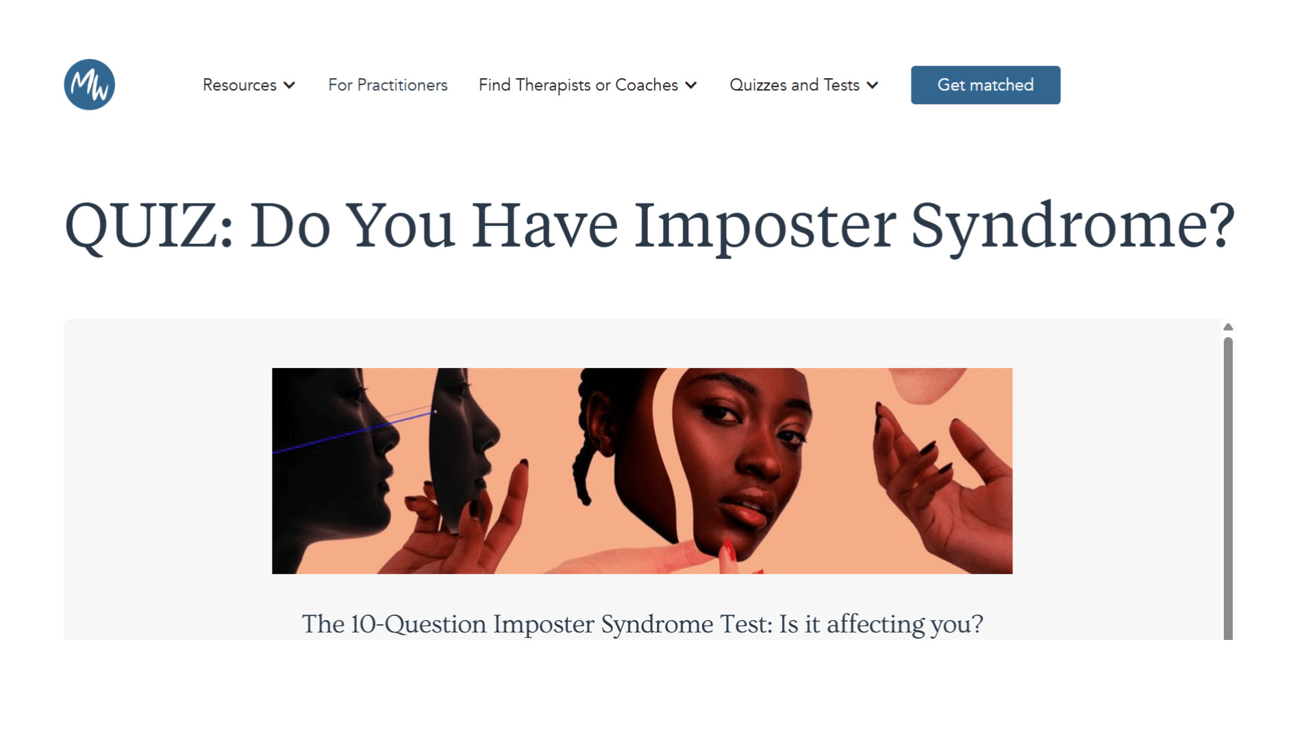 screenshot of a website titled quiz do you have imposter syndrome with a banner image showing a split face portrait