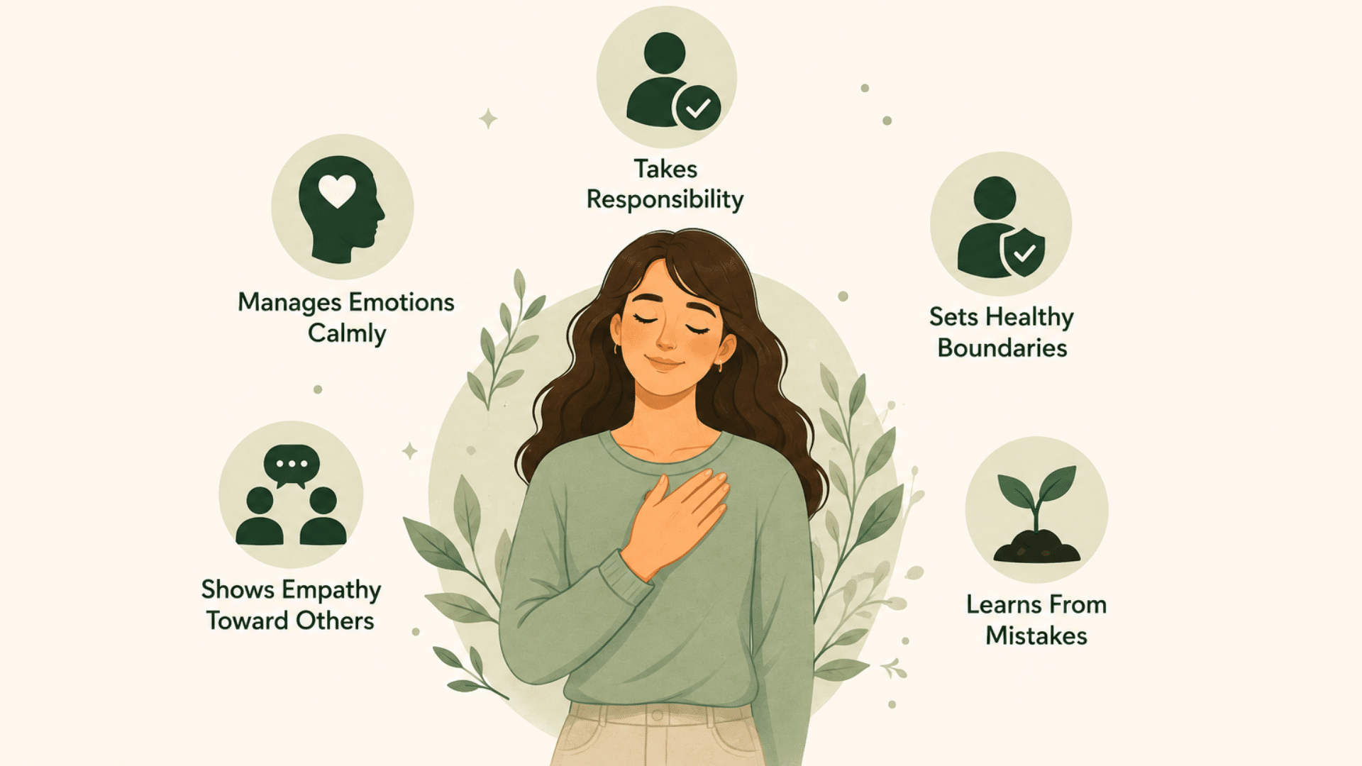 signs of emotional maturity with icons showing for responsibility empathy healthy boundaries and learning from mistakes