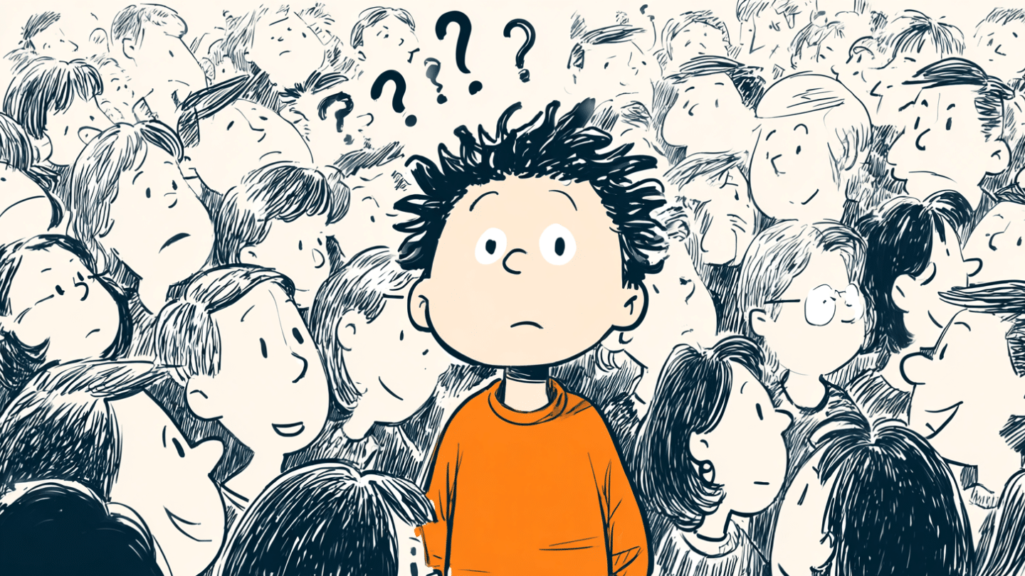sketch illustration of a confused boy in an orange shirt surrounded by a crowd highlighting an imposter syndrome test