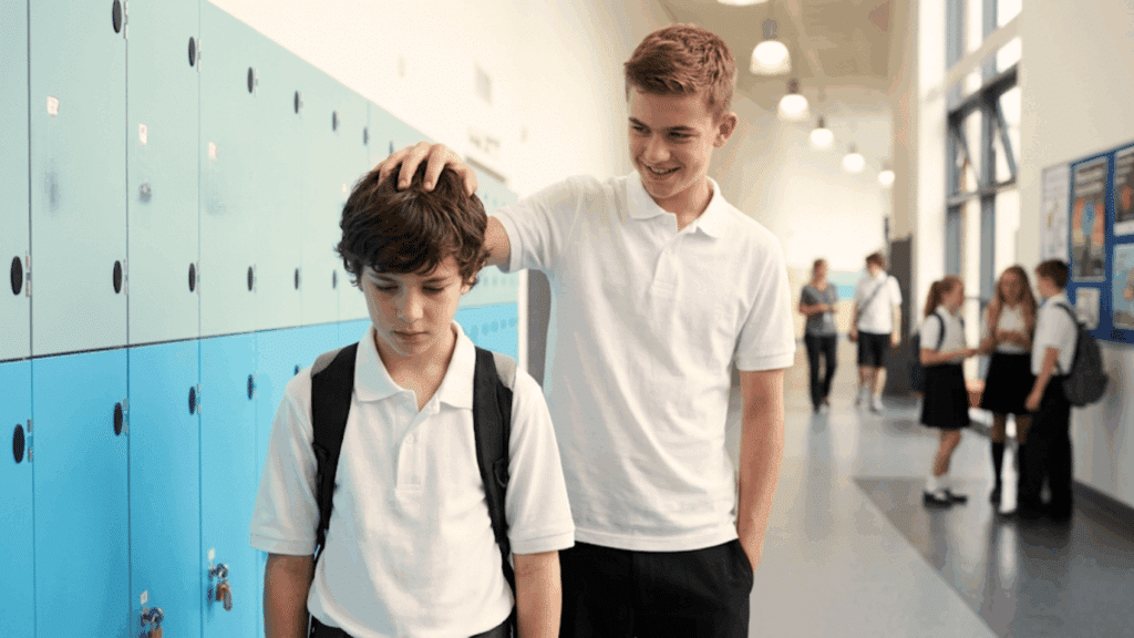 student looking down while another student shows unkind behavior in a school hallway with lockers in the background
