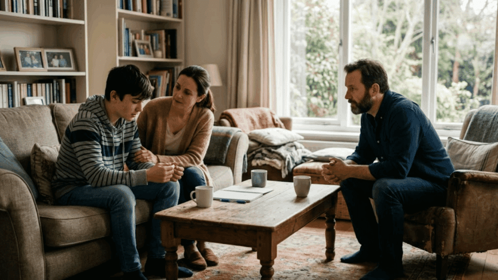 teenage boy sitting with two adults in a living room during a supportive family conversation while his mother comforts him gently