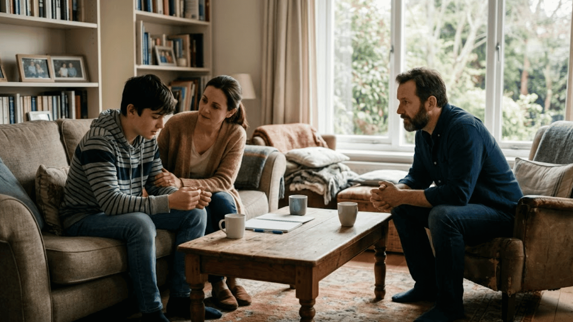 teenage boy sitting with two adults in a living room during a supportive family conversation while his mother comforts him gently