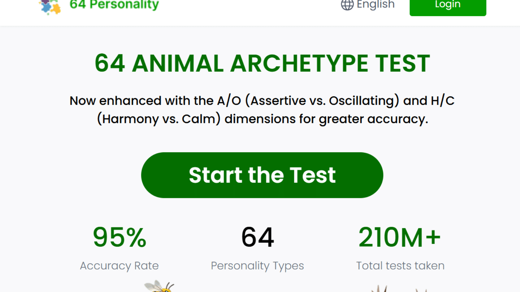 the 64 personality website 64 animal archetype test page features a prominent green start the test button